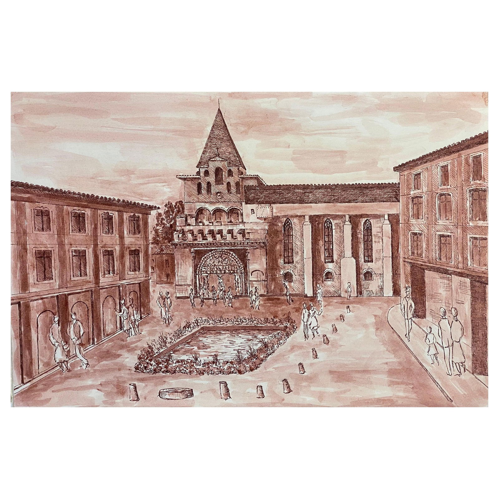 1950's French Modernist/ Cubist Painting, Busy French Town Square 1950s: Title: "1950's French Modernist/ Cubist Painting, Busy French Town Square 1950s" Description: French town square. by Bernard Labbe (French mid 20th century). Original watercolour/ gouache painting on