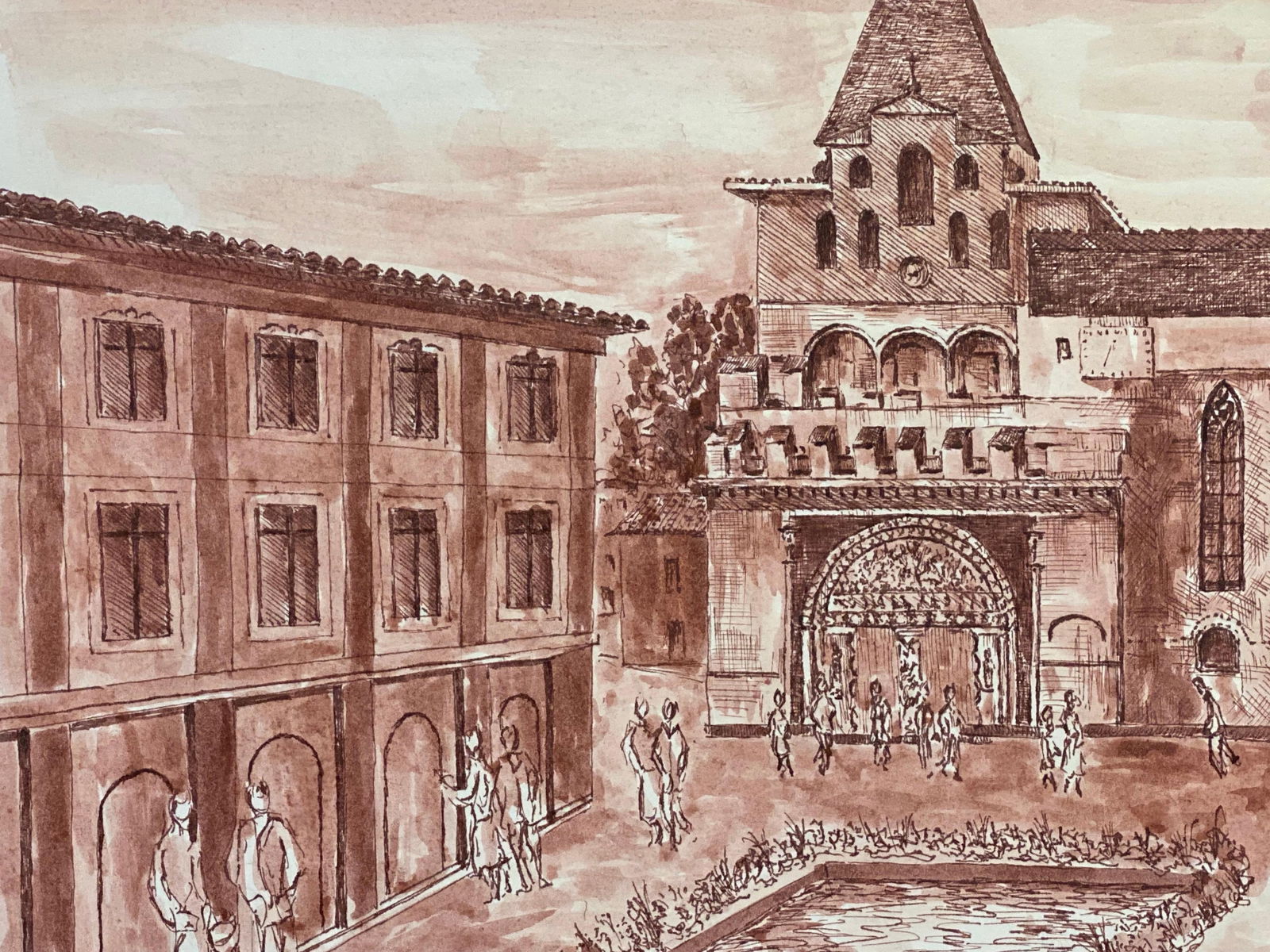 1950's French Modernist/ Cubist Painting, Busy French Town Square 1950s - 3