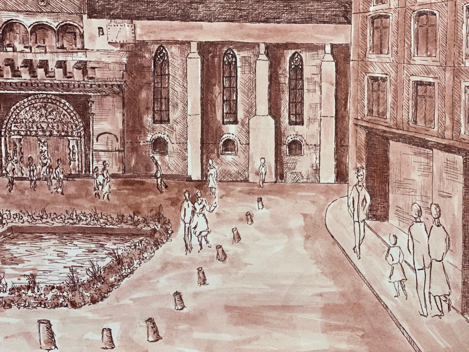 1950's French Modernist/ Cubist Painting, Busy French Town Square 1950s - 5