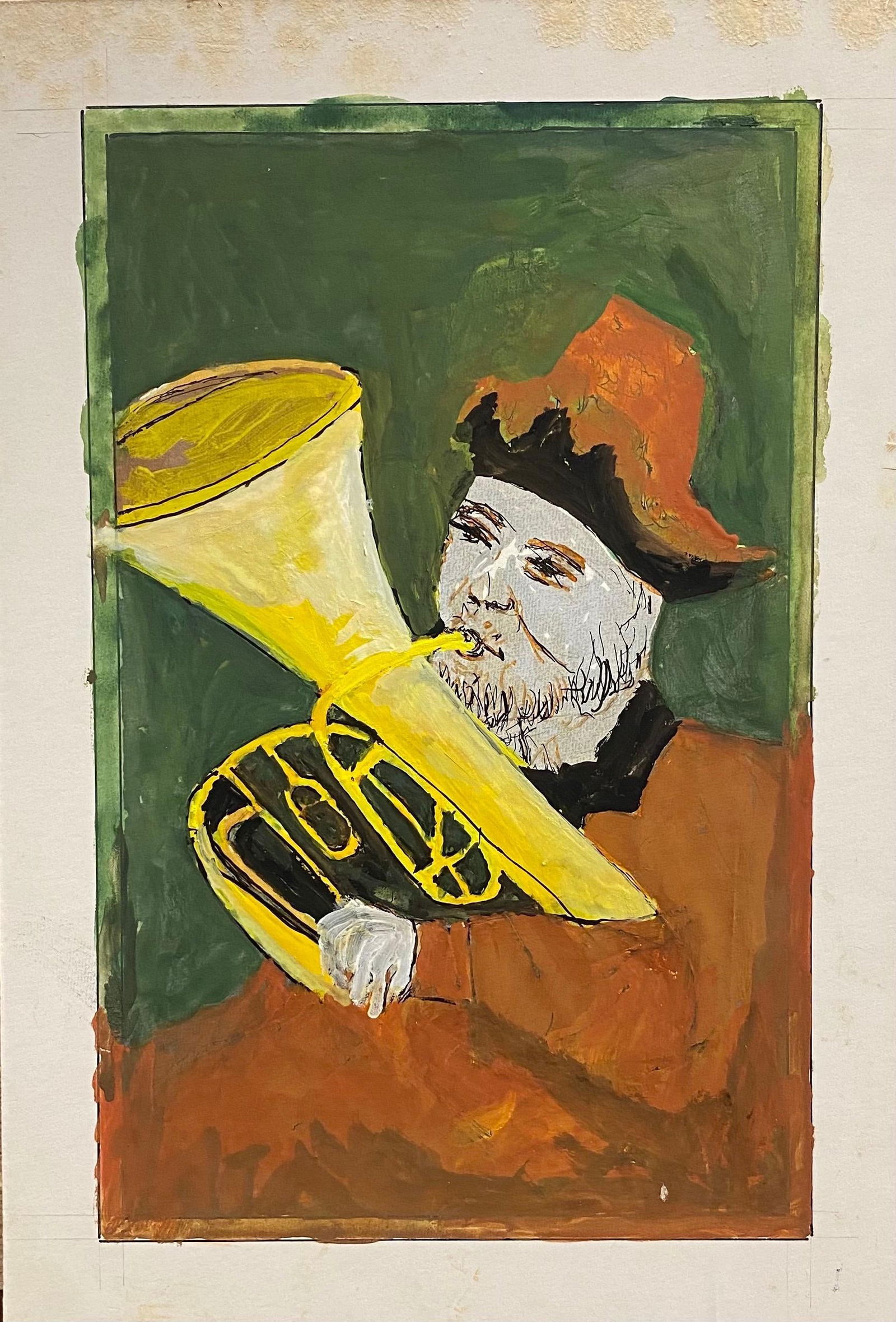 1950's French Modernist/ Cubist Painting, Man Playing Tuba 1950s - 14