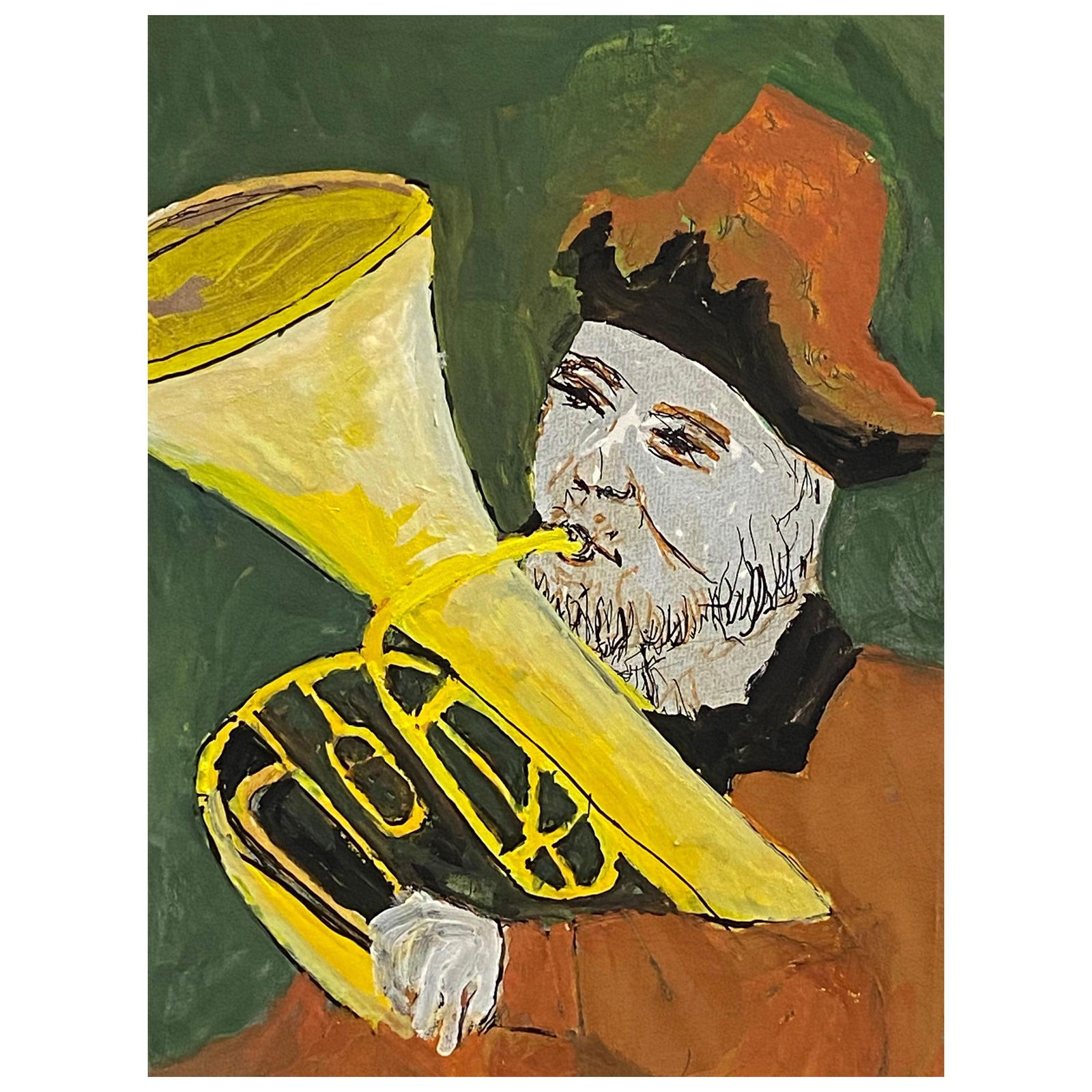 1950's French Modernist/ Cubist Painting, Man Playing Tuba 1950s: Title: "1950's French Modernist/ Cubist Painting, Man Playing Tuba 1950s" Description: Tuba Player by Bernard Labbe (French mid 20th century) original watercolour/ gouache painting on paper board,
