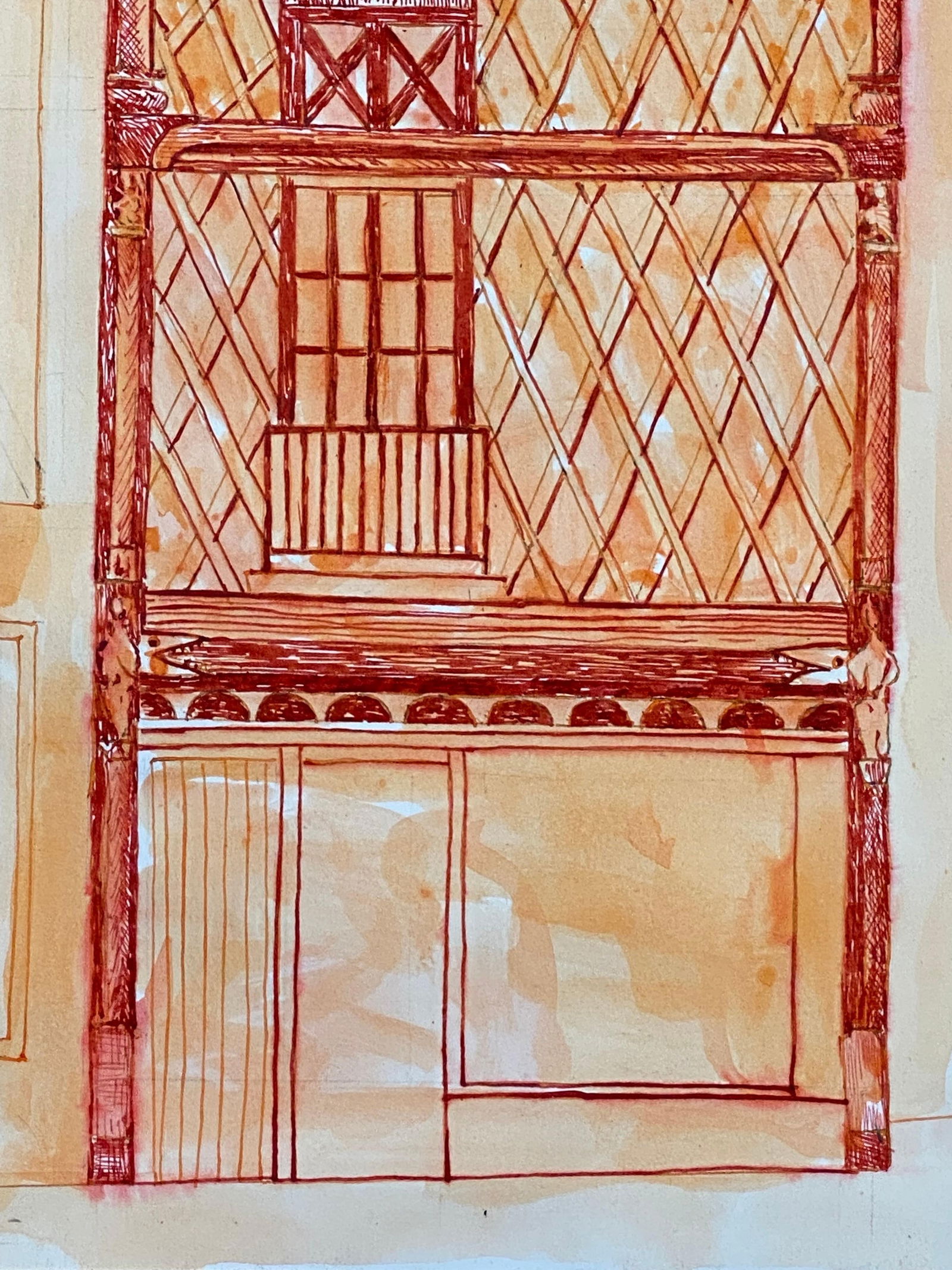 1950's French Modernist/ Cubist Painting, Orange & Red Tall Building 1950 - 18