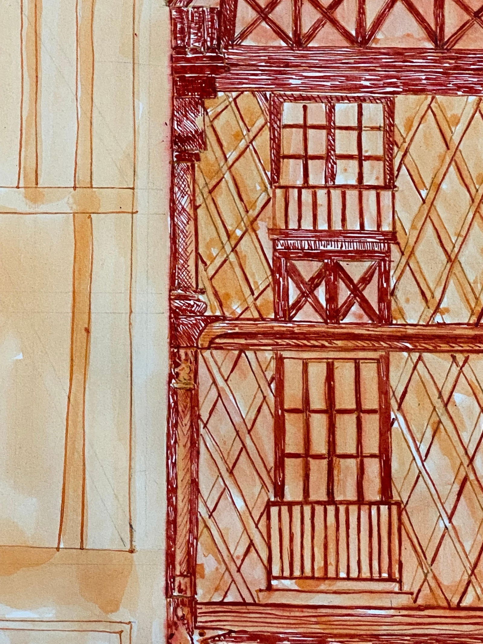 1950's French Modernist/ Cubist Painting, Orange & Red Tall Building 1950 - 20