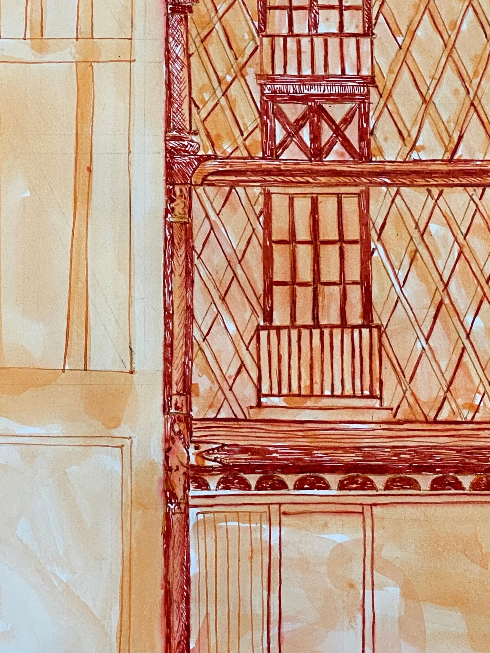 1950's French Modernist/ Cubist Painting, Orange & Red Tall Building 1950 - 3