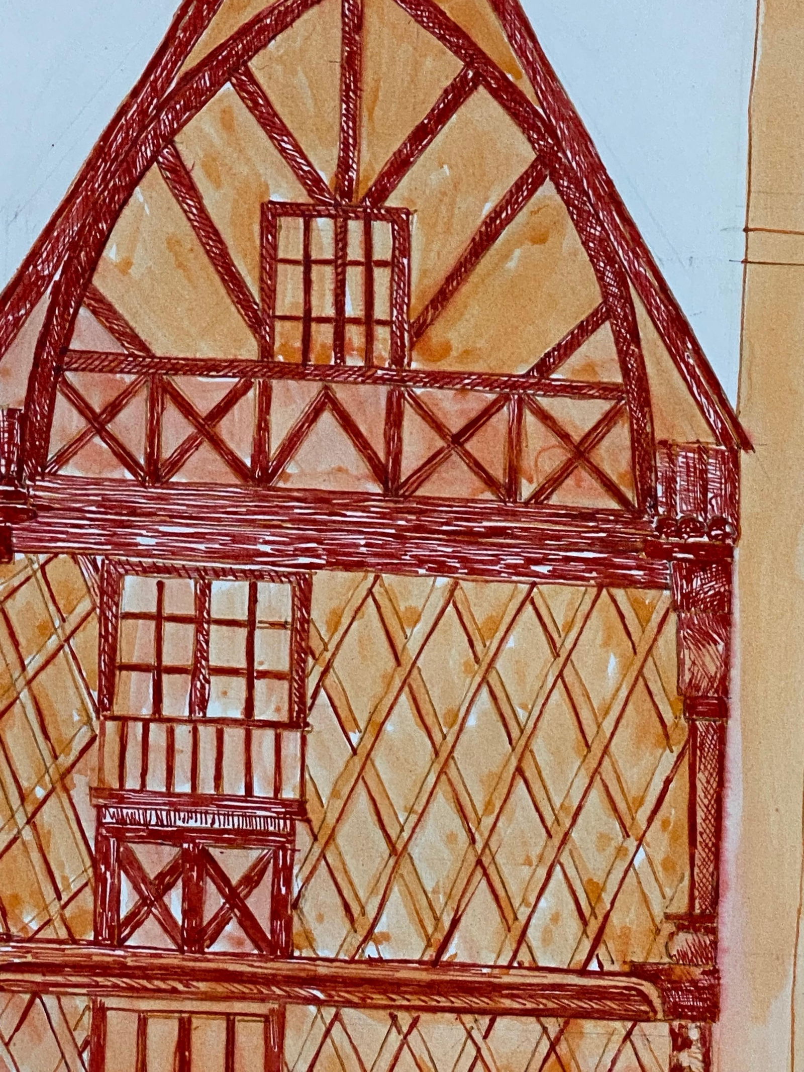 1950's French Modernist/ Cubist Painting, Orange & Red Tall Building 1950 - 6