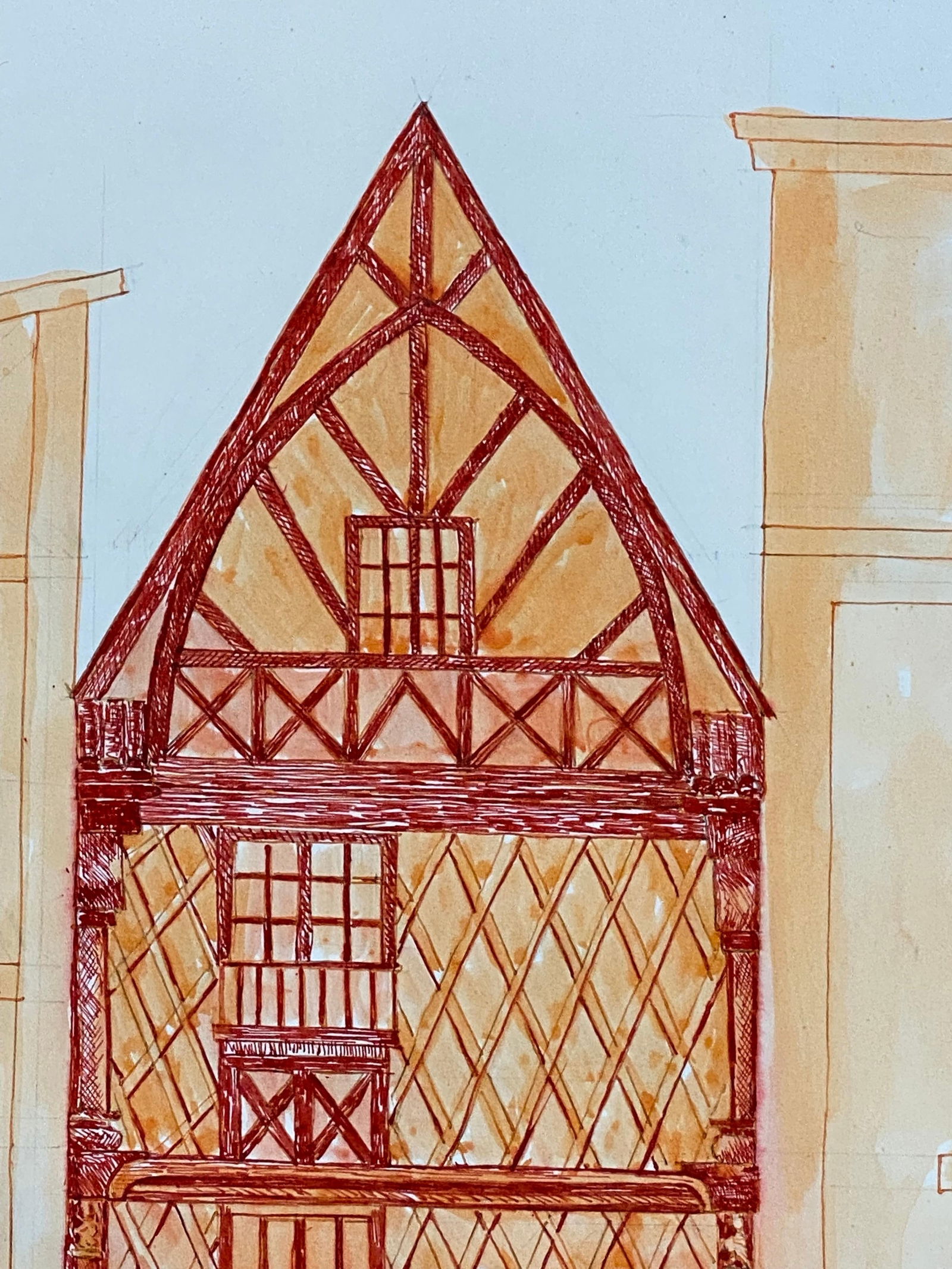 1950's French Modernist/ Cubist Painting, Orange & Red Tall Building 1950 - 8