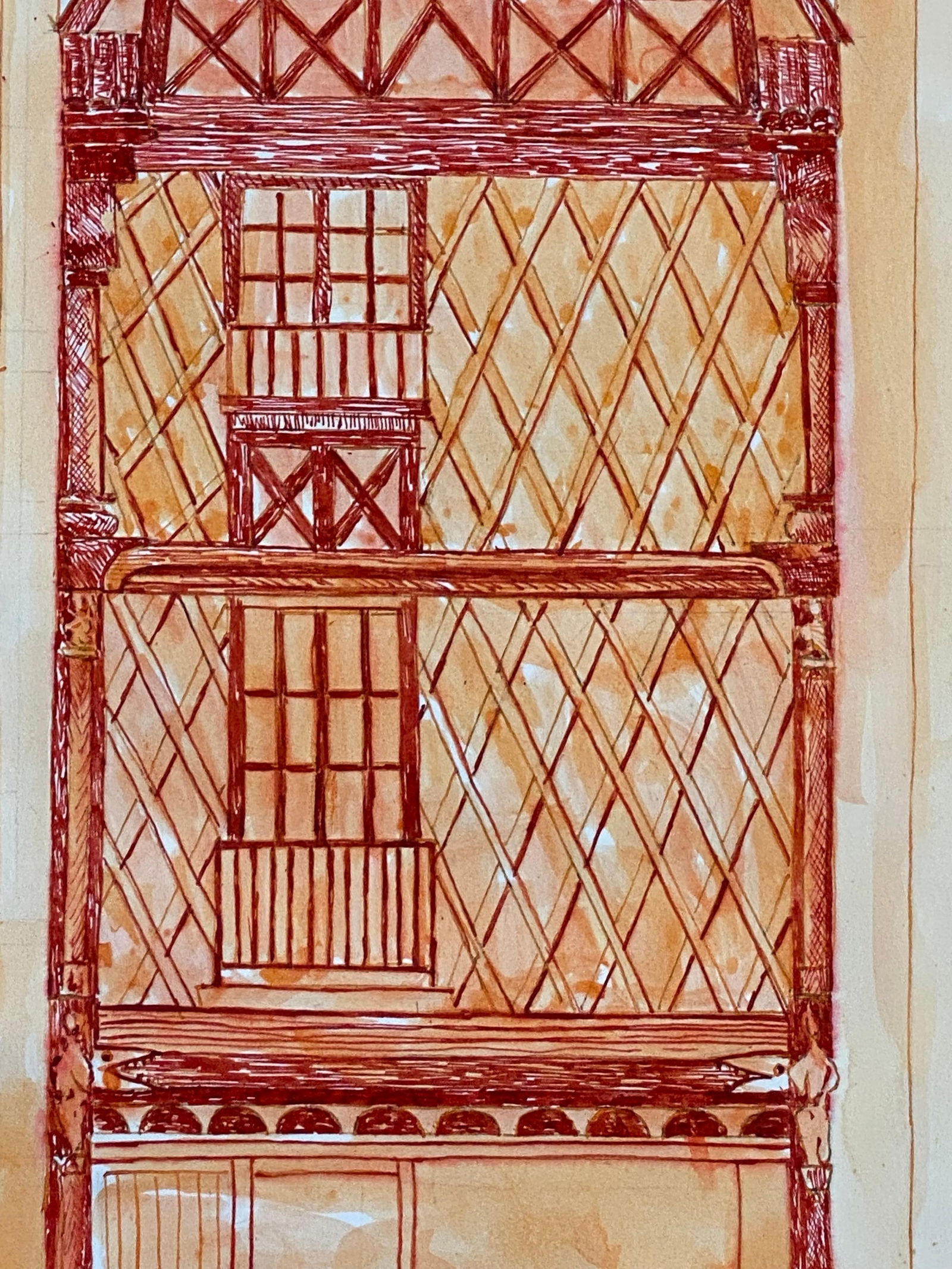 1950's French Modernist/ Cubist Painting, Orange & Red Tall Building 1950 - 9