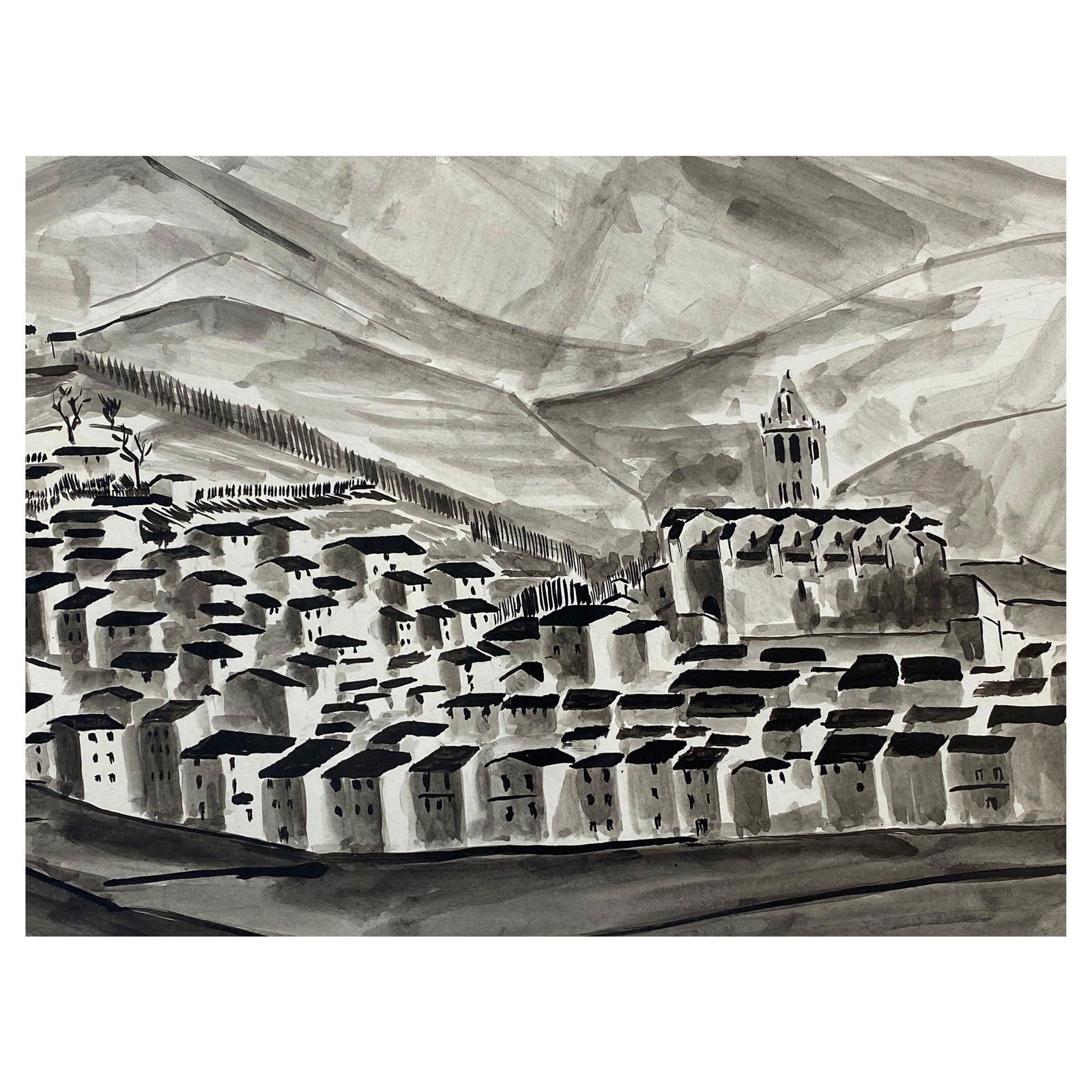 1950's French Modernist/ Cubist Signed Painting Black & White Village Landscape 1950: Title: "1950's French Modernist/ Cubist Signed Painting Black & White Village Landscape 1950" Description: French landscape by Bernard Labbe (French, mid-20th century) Signed original watercolour/ gou