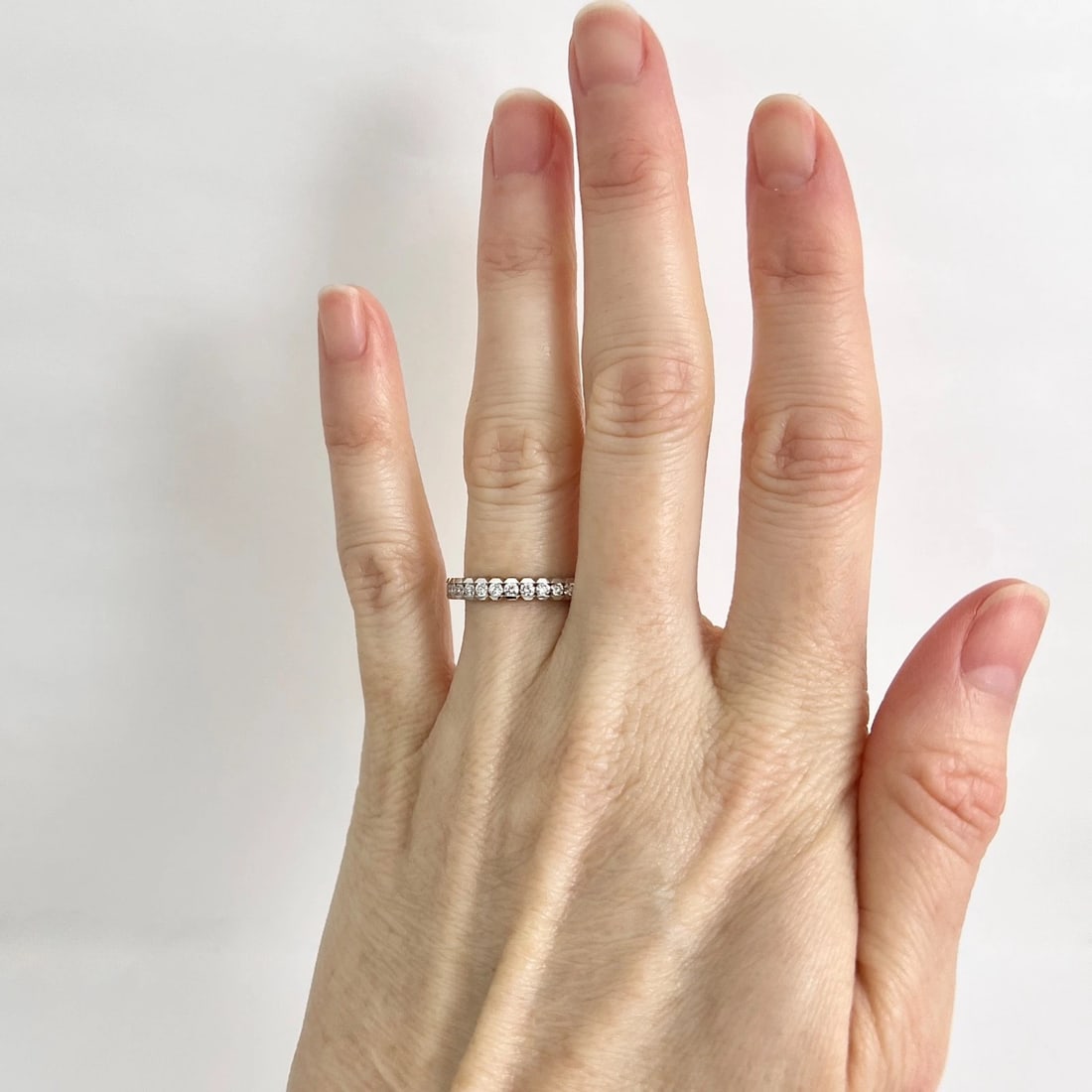 Diamond Channel-Set Geometric Scalloped Wedding Band Ring 14K White Gold - 2