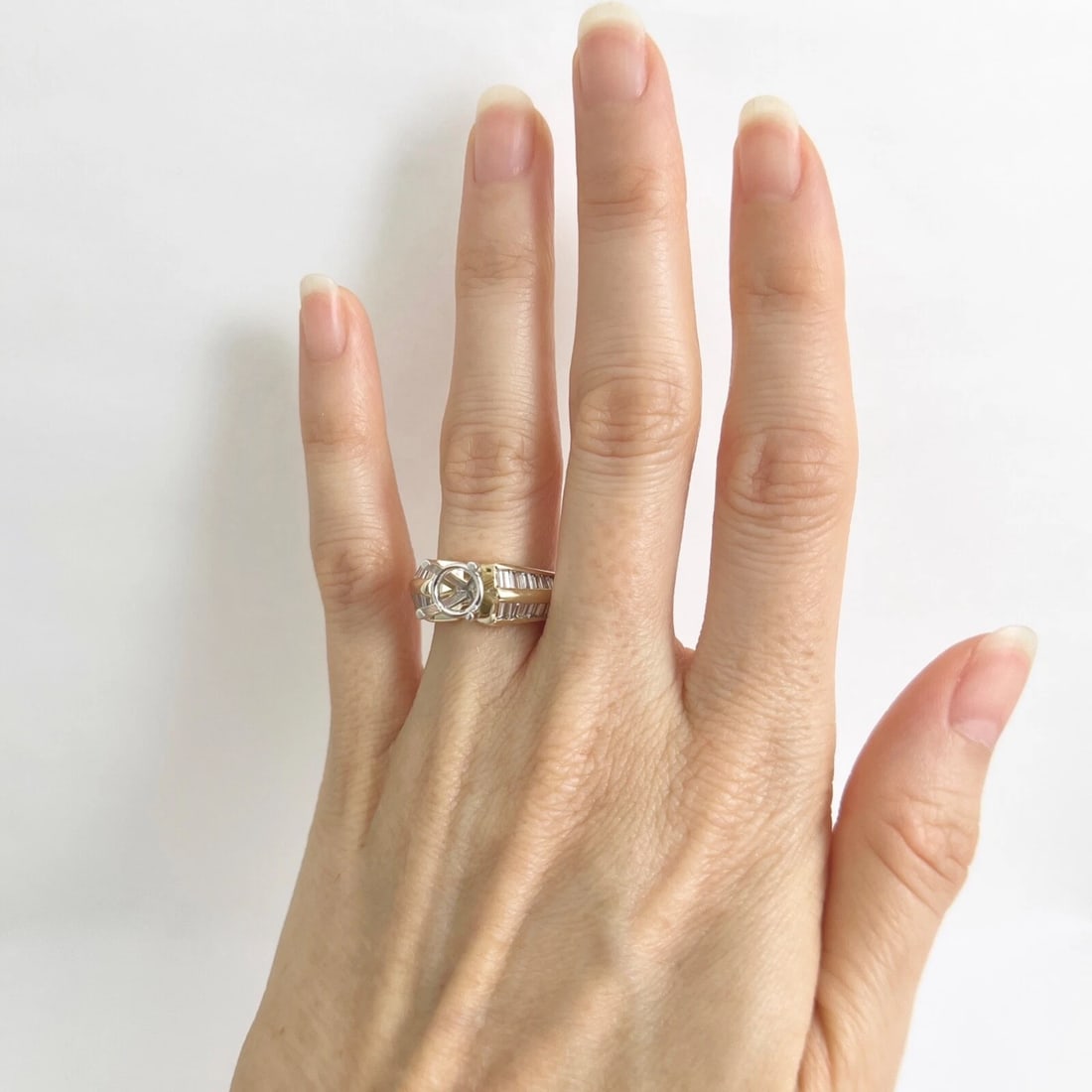 Wide 2-Row Baguette Diamond Engagement Ring Setting Mounting 14K Yellow Gold - 2