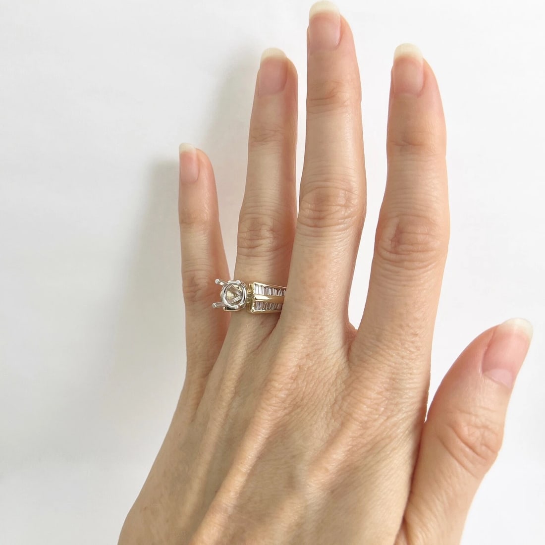 Wide 2-Row Baguette Diamond Engagement Ring Setting Mounting 14K Yellow Gold - 3