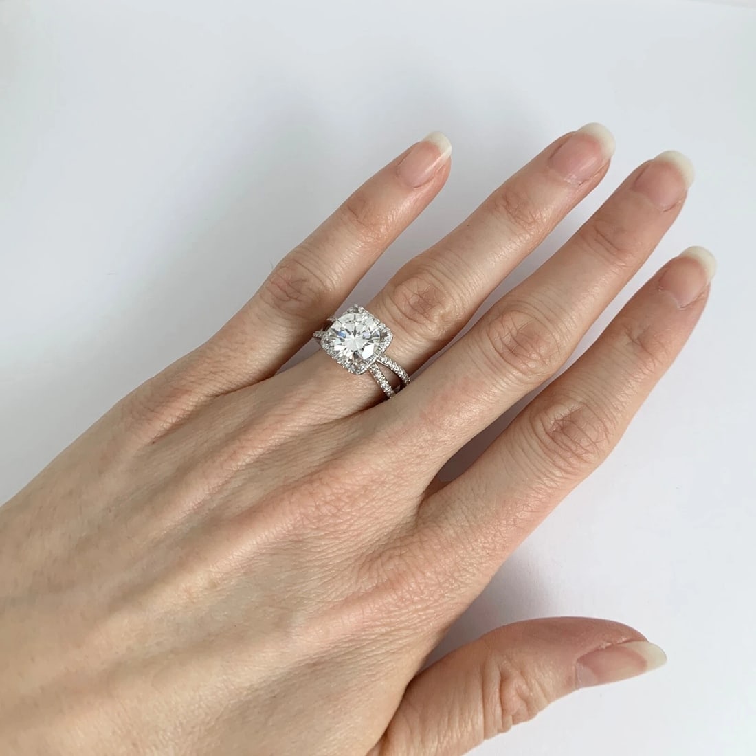 Cushion Halo Split Shank Diamond Engagement Ring Setting Mounting 14K White Gold - 7