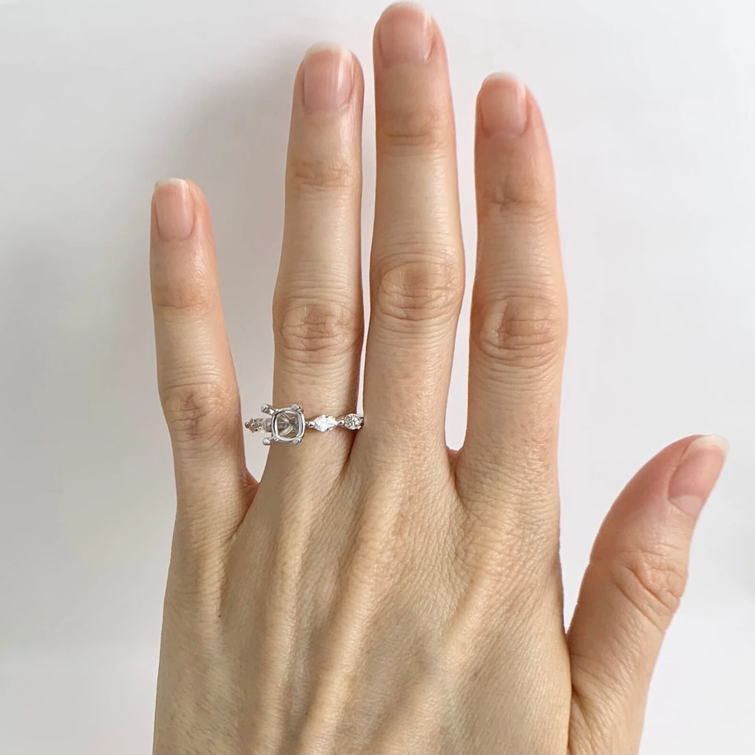 Marquise Bead Set Band Diamond Engagement Ring Setting Mounting 14K White Gold - 2