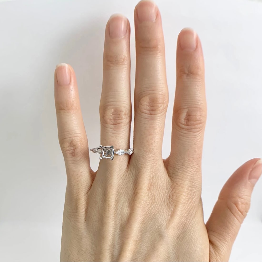 Marquise Bead Set Band Diamond Engagement Ring Setting Mounting 14K White Gold - 3