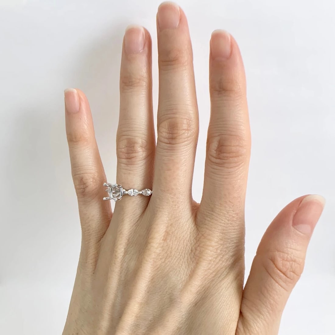 Marquise Bead Set Band Diamond Engagement Ring Setting Mounting 14K White Gold - 4