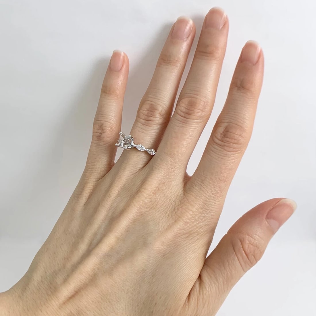 Marquise Bead Set Band Diamond Engagement Ring Setting Mounting 14K White Gold - 5