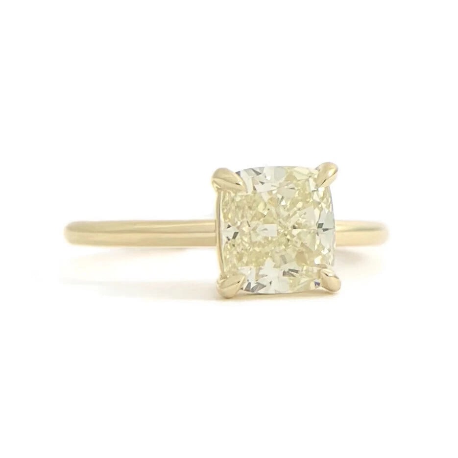 Light Yellow Cushion Solitaire Diamond Engagement Ring 14K Yellow Gold, 1.51 CT (1 of 9)