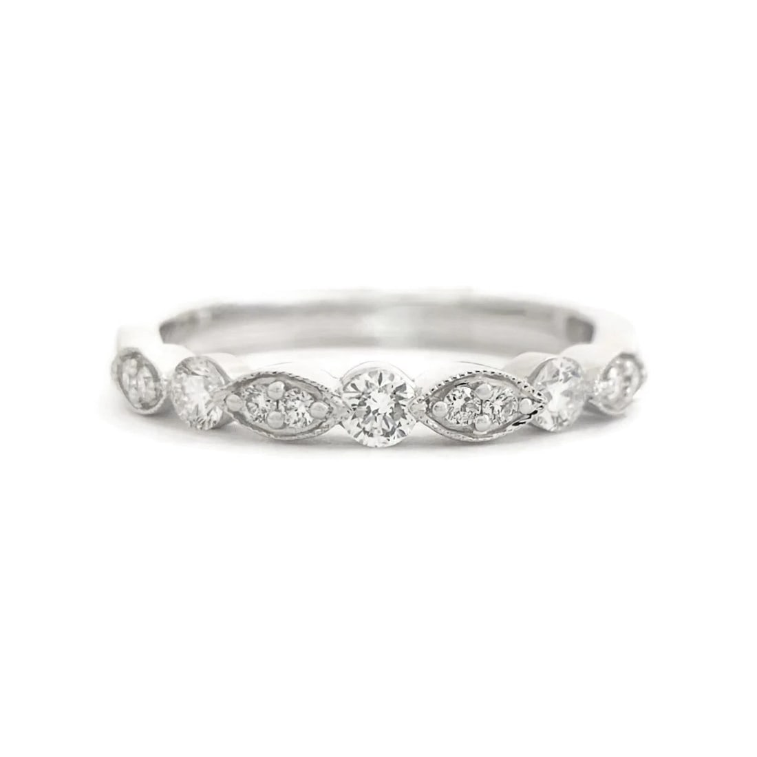 Marquise Round Diamond Wedding Band Ring 18K White Gold, .35 CTW (1 of 10)