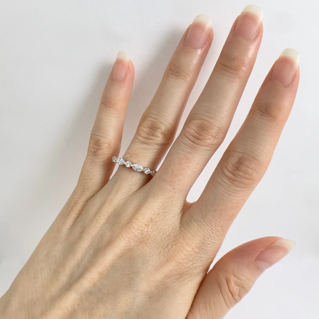 Marquise Round Diamond Wedding Band Ring 14K White Gold, .81 CTW - 5