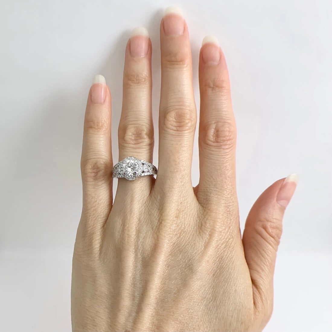 EGL Round Scalloped Halo Filigree Diamond Engagement Ring 14K White Gold 1.54 TW - 2