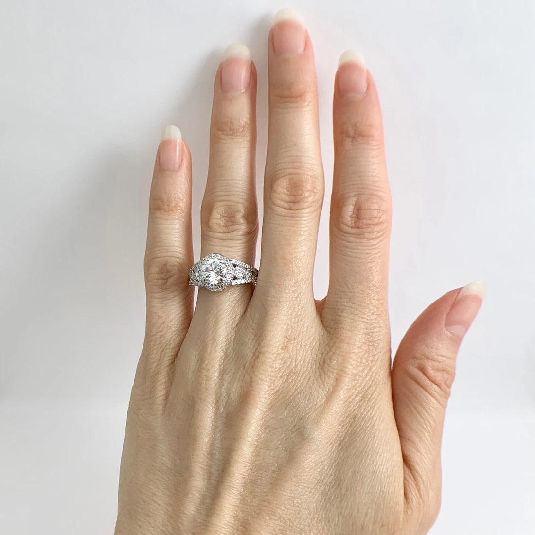 EGL Round Scalloped Halo Filigree Diamond Engagement Ring 14K White Gold 1.54 TW - 3