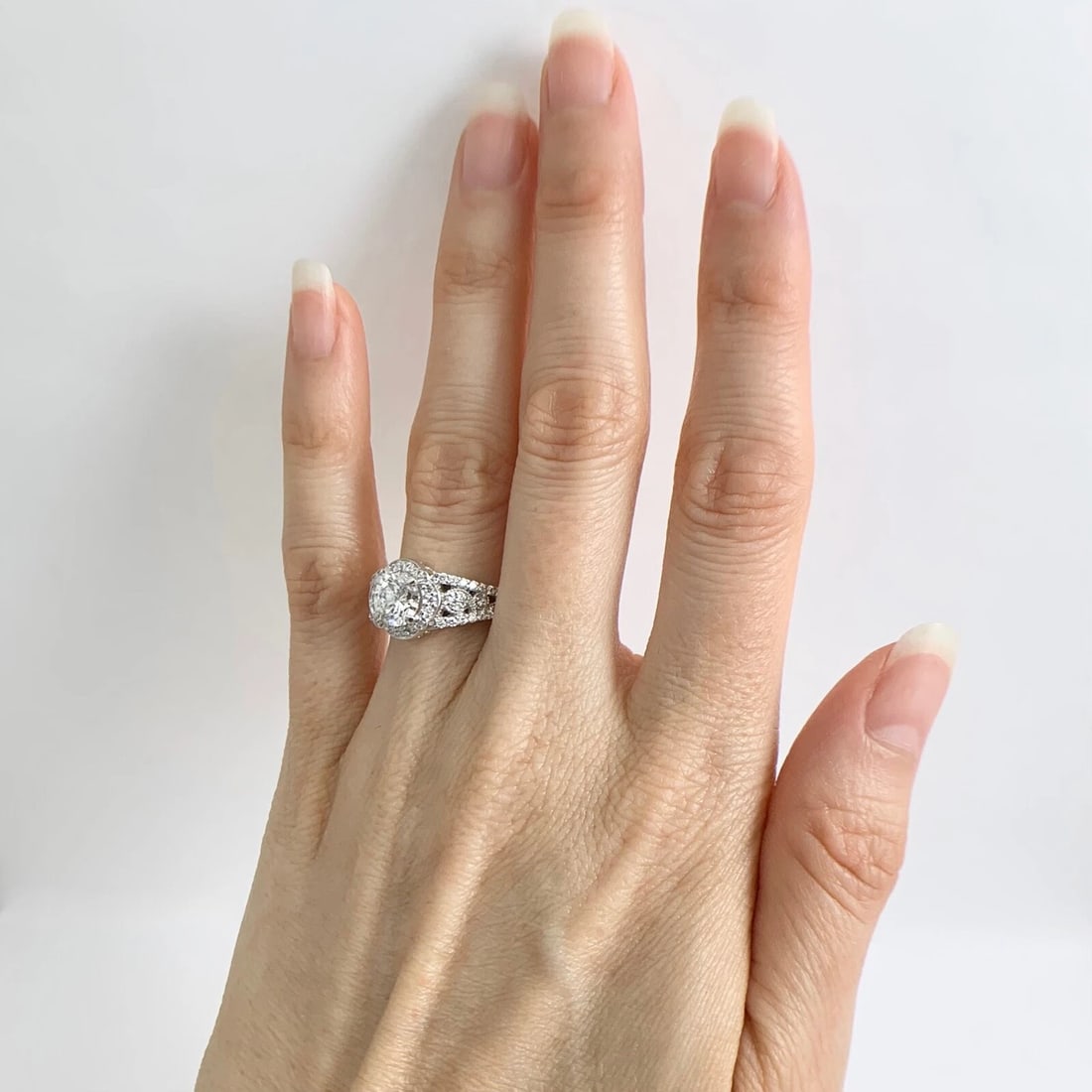 EGL Round Scalloped Halo Filigree Diamond Engagement Ring 14K White Gold 1.54 TW - 6