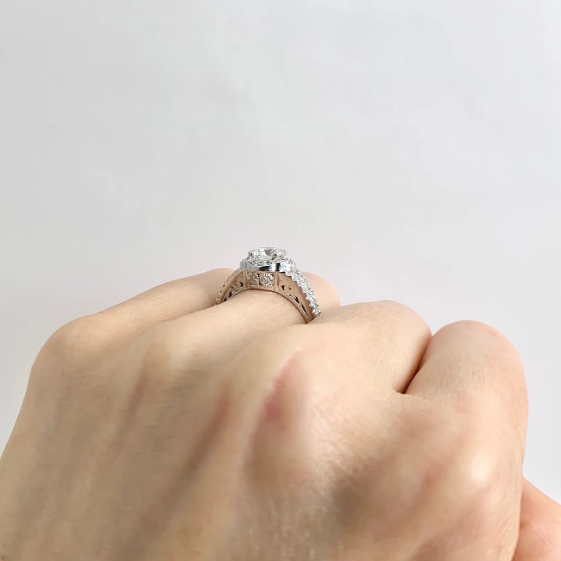 EGL Round Scalloped Halo Filigree Diamond Engagement Ring 14K White Gold 1.54 TW - 8