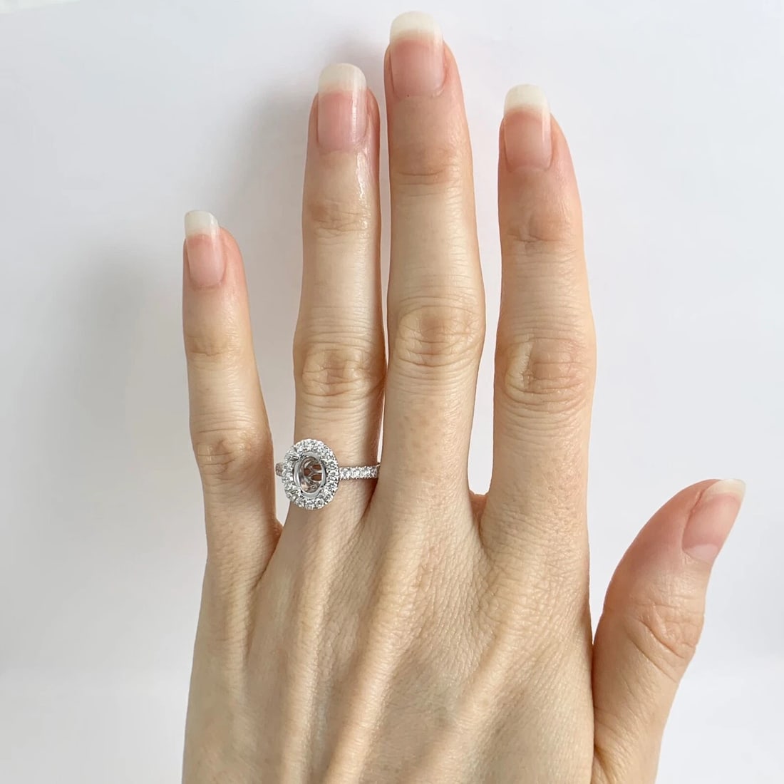 Oval Diamond Halo Engagement Ring Setting Mounting 18K White Gold .51 CTW - 2