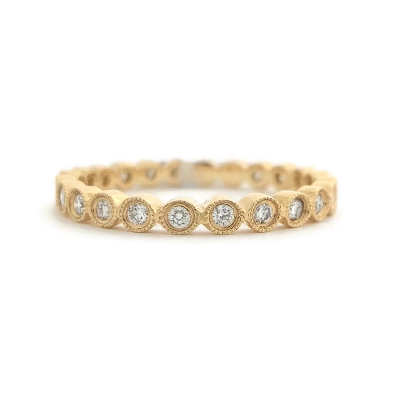 Round Milgrain Bezel Diamond Eternity Ring Wedding Band 18K Rose Gold, Size 7: Round Milgrain Bezel Diamond Eternity Ring Wedding Band 18K Rose Gold, Size 7 This is a beautiful wedding band, anniversary ring or statement ring! Don't hesitate to ask any questions! Diamonds: 23 ro