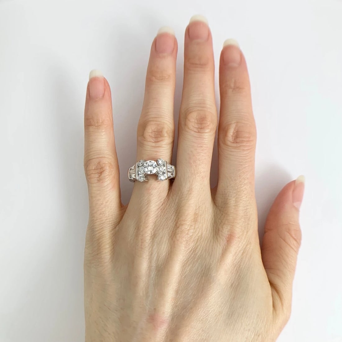 Round Baguette Diamond Engagement Ring Setting Mounting 14K White Gold 1.02 CTW - 5