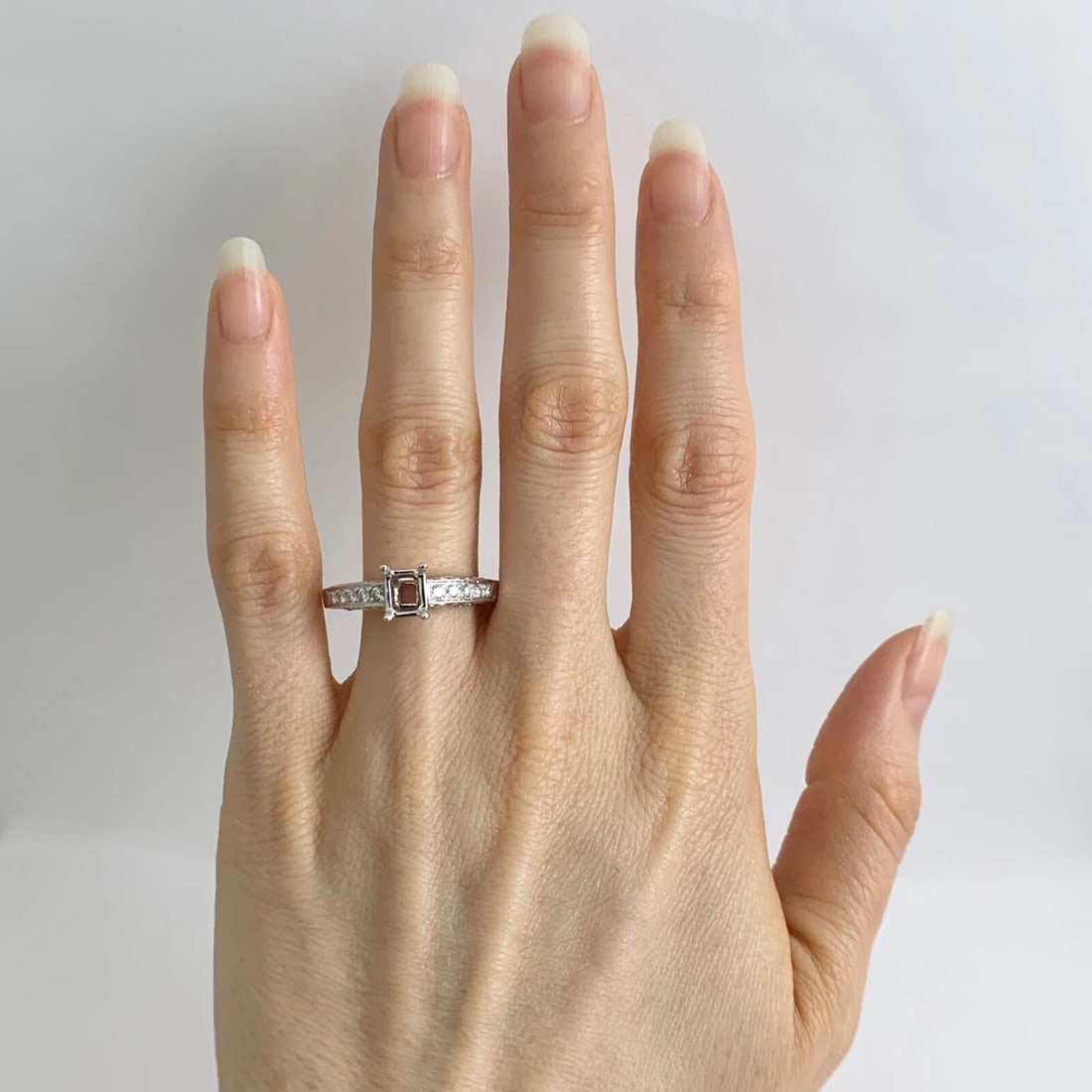 3-Sided Pave Diamond Engagement Ring Setting Mounting 18K White Gold, 5.09 Gr - 2