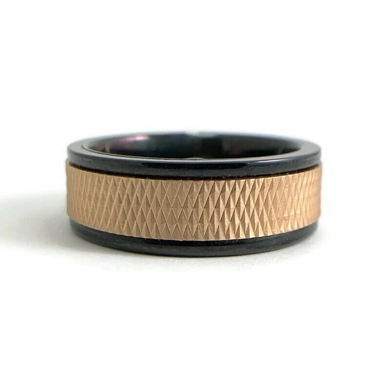 Men's 14K Rose Gold Insert Black Tungsten Wedding Band Ring, Size 10, 8 mm: Men's 14K Rose Gold Insert Black Tungsten Wedding Band Ring, Size 10, 8 mm This is a classic ring that could be worn as a wedding band or everyday ring. Please let us know if you have any questions.