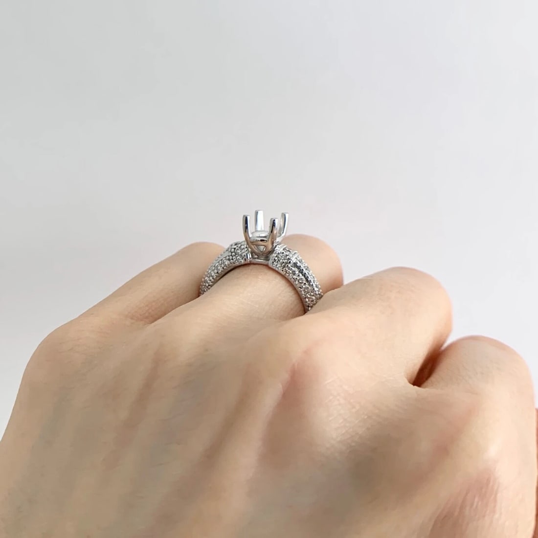 Oval Milgrain Pave Diamond Engagement Ring Setting Mounting 14K White Gold - 4