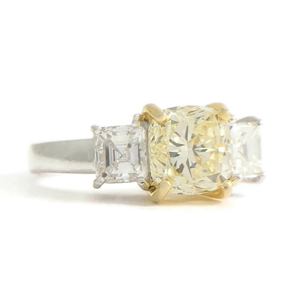 3-Stone Radiant Asscher Yellow Diamond Engagement Ring Platinum 2.36 CTW: 3-Stone Radiant Asscher Yellow Diamond Engagement Ring Platinum 2.36 CTW This is a gorgeous diamond engagement ring! Please let us know if you have any questions! Diamonds: 2.36 ctw; 1 radiant cut,
