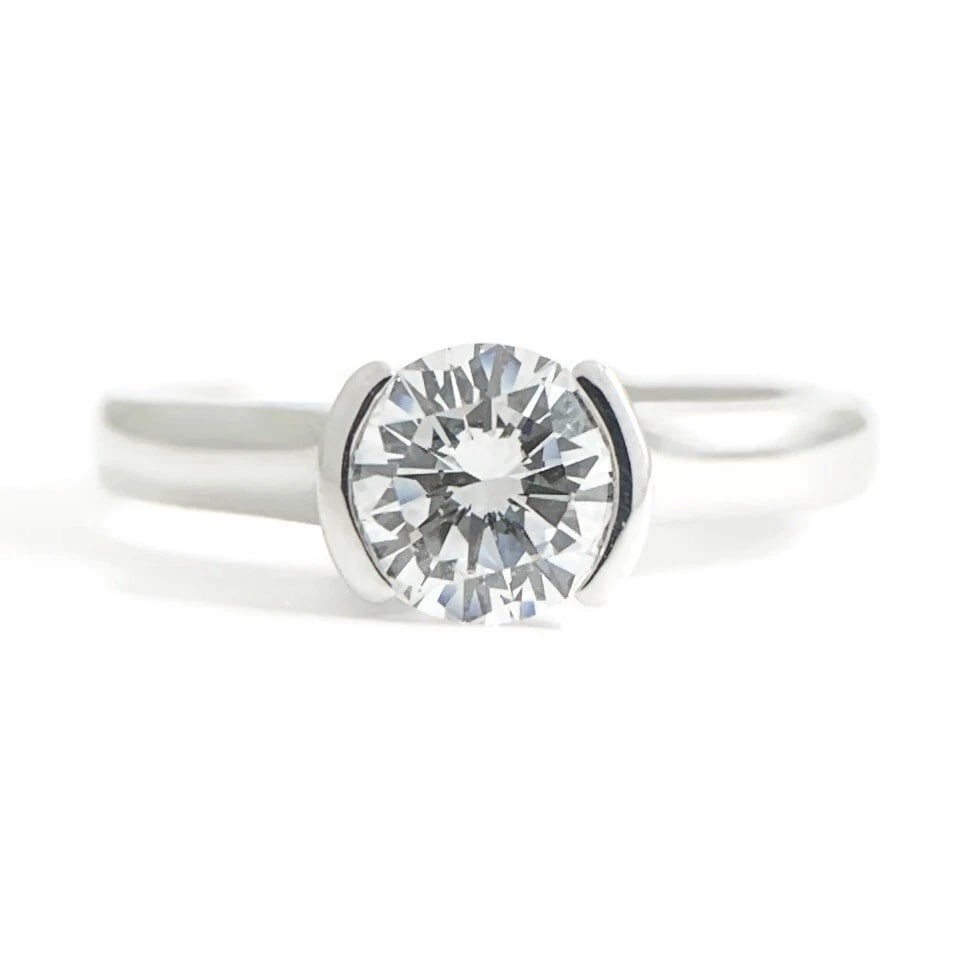 Round Half Bezel Solitaire Diamond Engagement Ring 14K White Gold .61 CT (1 of 10)