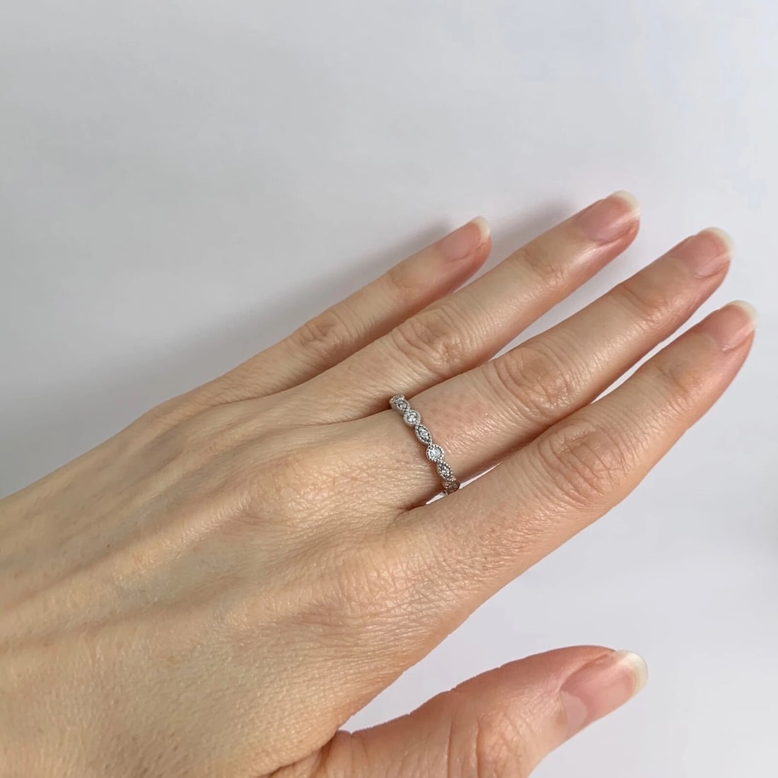 Marquise Round Milgrain Diamond Eternity Ring Wedding Band 14K White Gold, 6.75 - 4