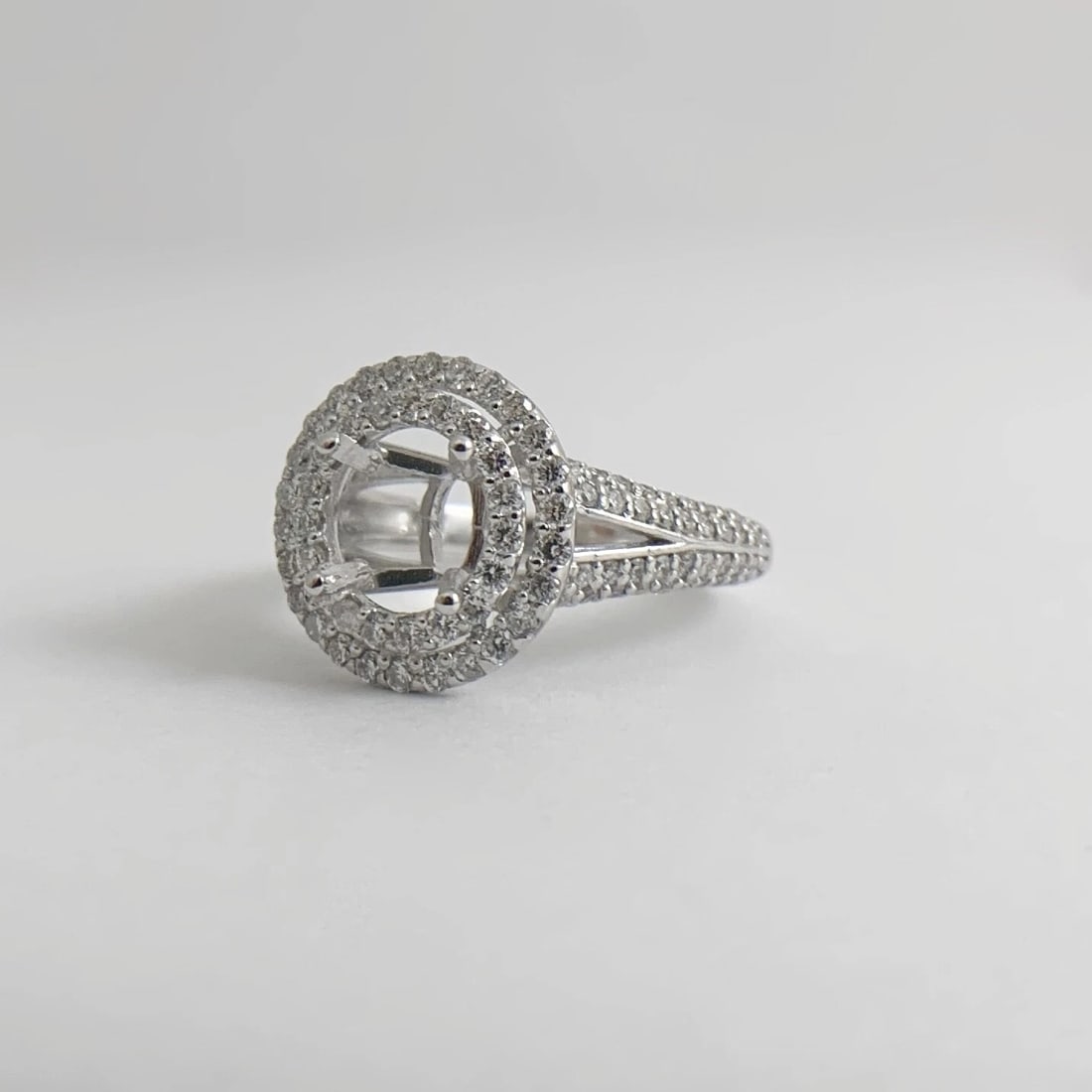 Round Double Halo Diamond Engagement Ring Setting Mounting 14K White Gold - 12