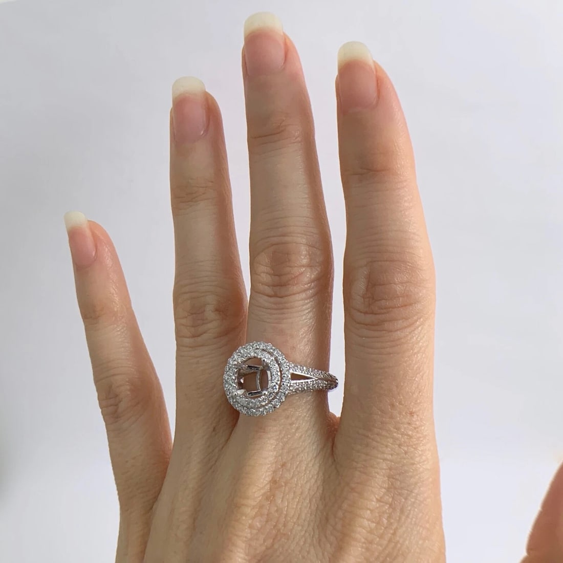 Round Double Halo Diamond Engagement Ring Setting Mounting 14K White Gold - 3