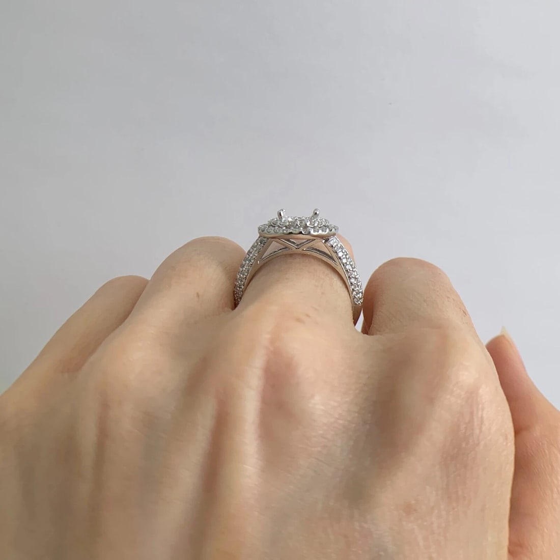 Round Double Halo Diamond Engagement Ring Setting Mounting 14K White Gold - 5