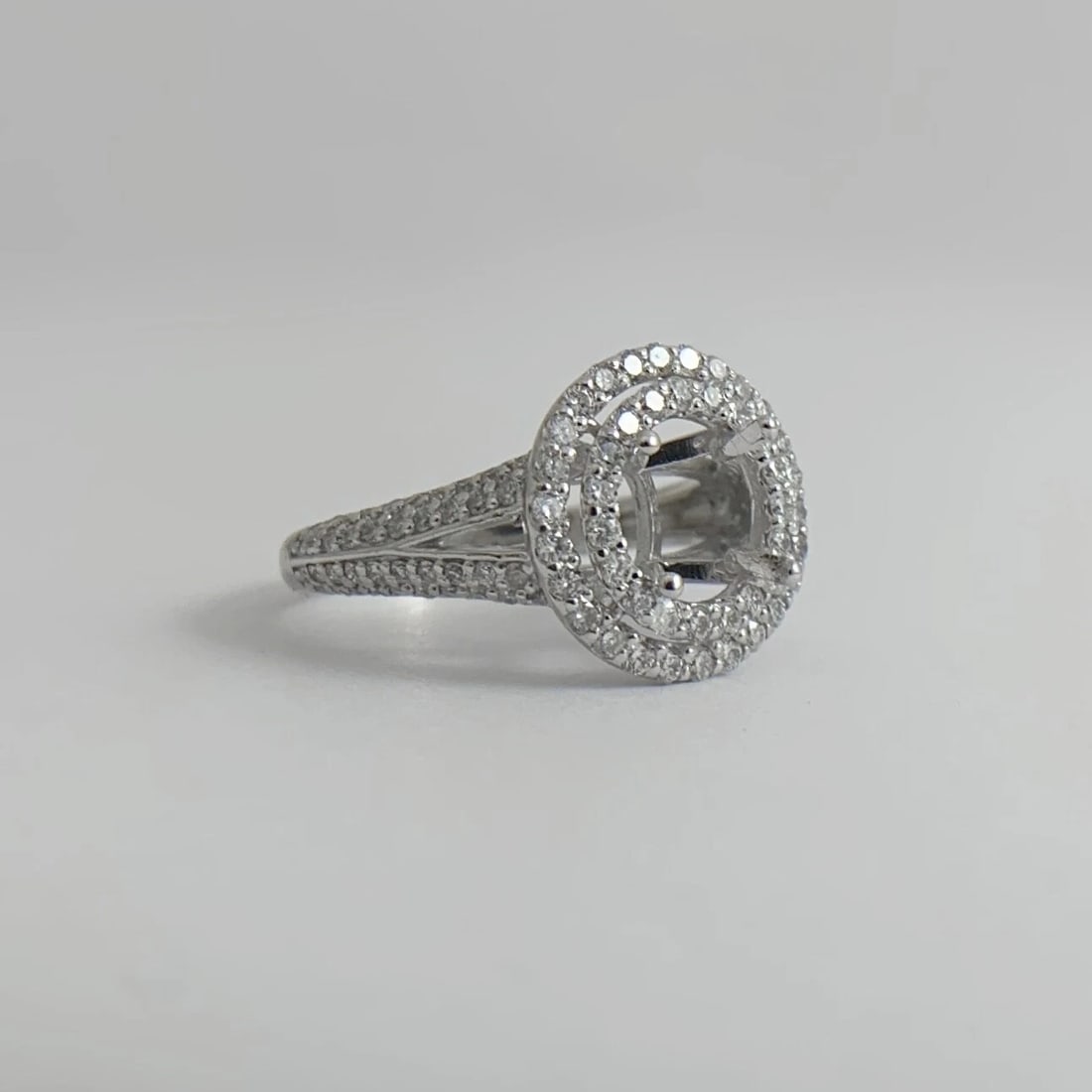 Round Double Halo Diamond Engagement Ring Setting Mounting 14K White Gold - 9