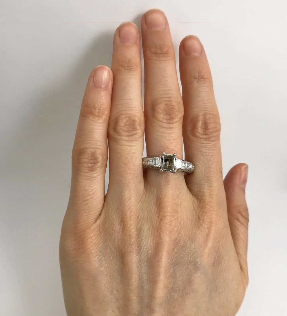 Baguette Round Diamond Engagement Ring Setting Mounting 18K White Gold, 1.29 CTW - 2