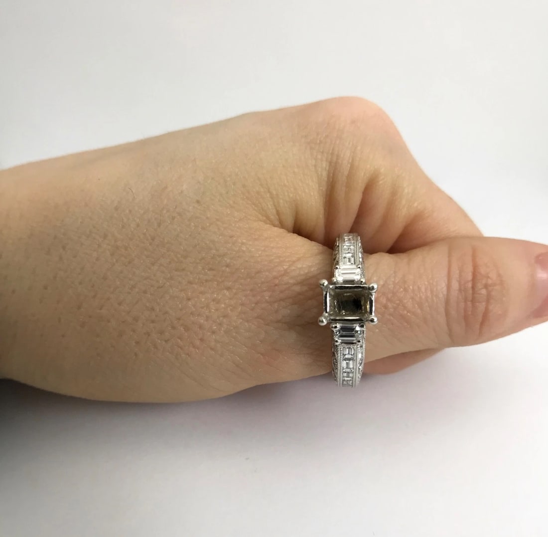 Baguette Round Diamond Engagement Ring Setting Mounting 18K White Gold, 1.29 CTW - 3