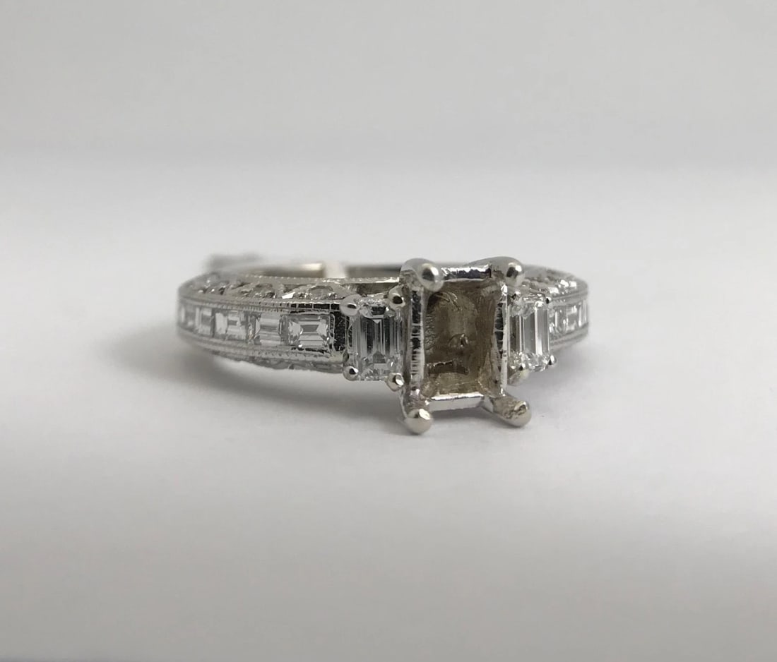 Baguette Round Diamond Engagement Ring Setting Mounting 18K White Gold, 1.29 CTW - 5