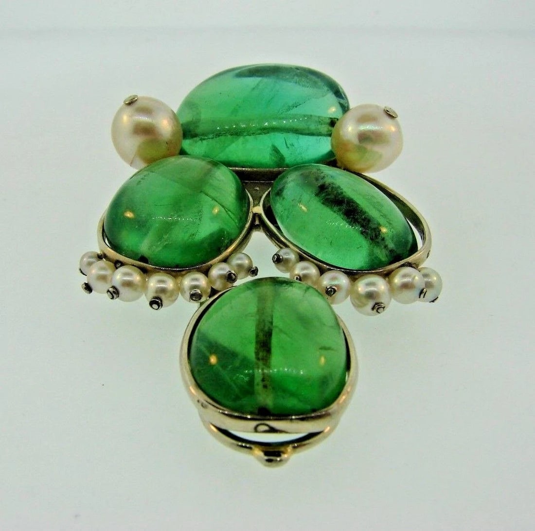 UNIQUE Seaman Schepps 14k White Gold, Fluorite & Pearl Clip Brooch - 5