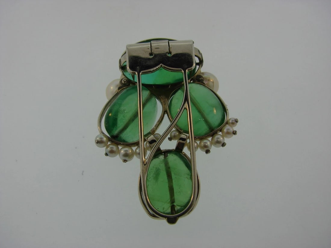 UNIQUE Seaman Schepps 14k White Gold, Fluorite & Pearl Clip Brooch - 6