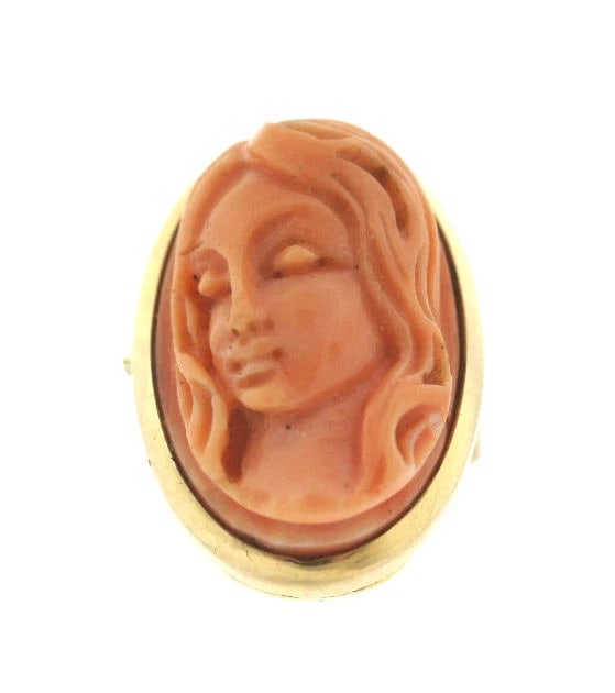 18K YELLOW GOLD CARVED CORAL RING C.1970 VINTAGE STAMPED - 3