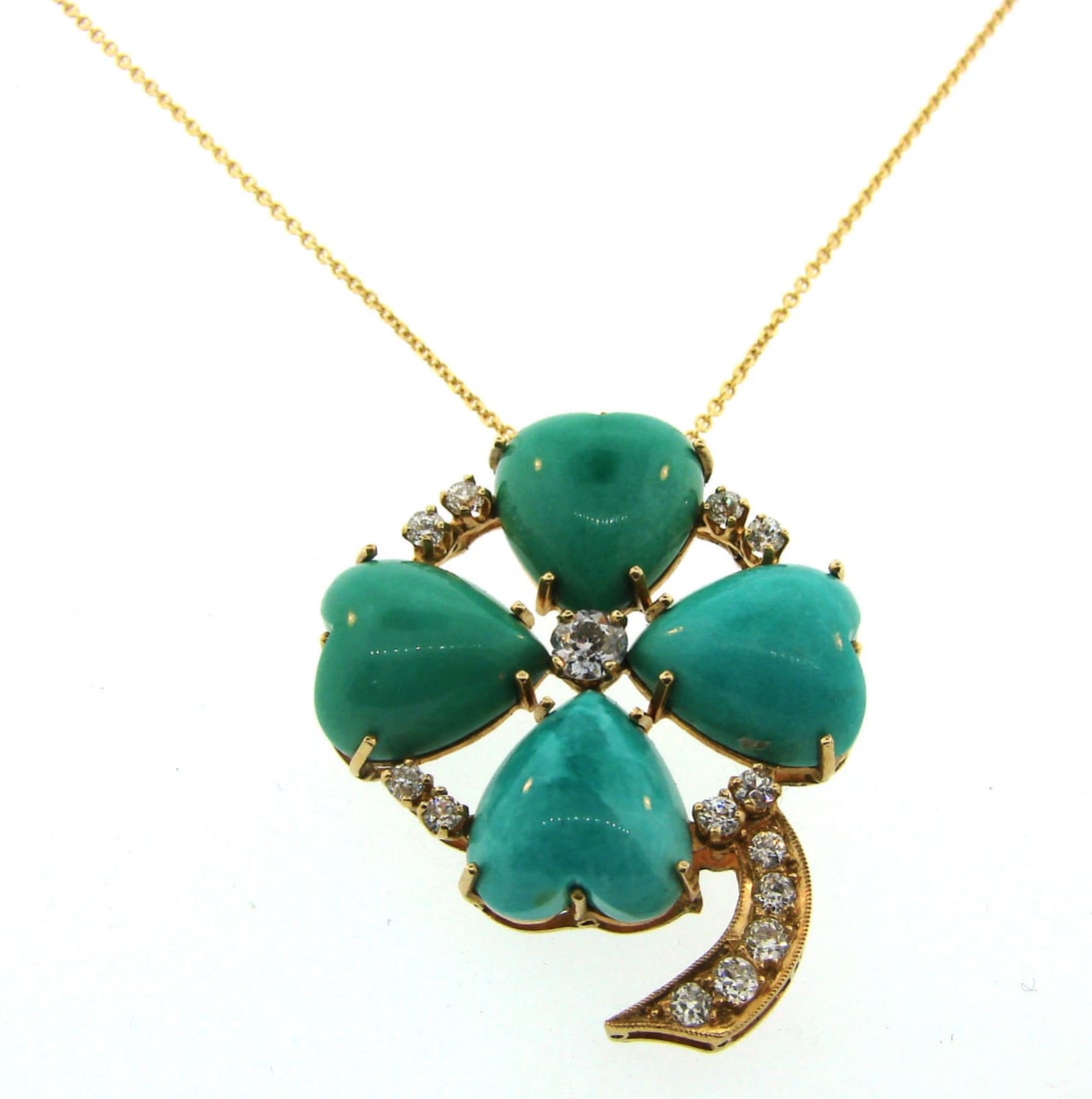 Victorian Turquoise & Diamond 14k Yellow Gold Four Leaf Clover Pendant Necklace (1 of 4)