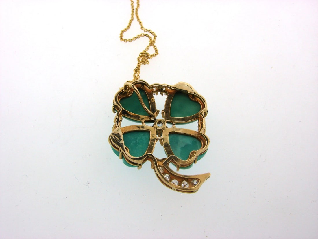 Victorian Turquoise & Diamond 14k Yellow Gold Four Leaf Clover Pendant Necklace - 3