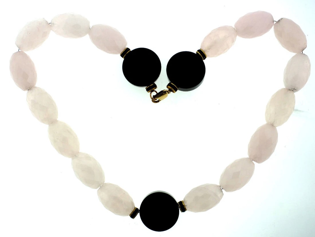 VINTAGE BEAUTIFUL PINK QUARTZ BEAD NECKLACE WITH ONYX UNIQUE STYLISH (1 of 1)