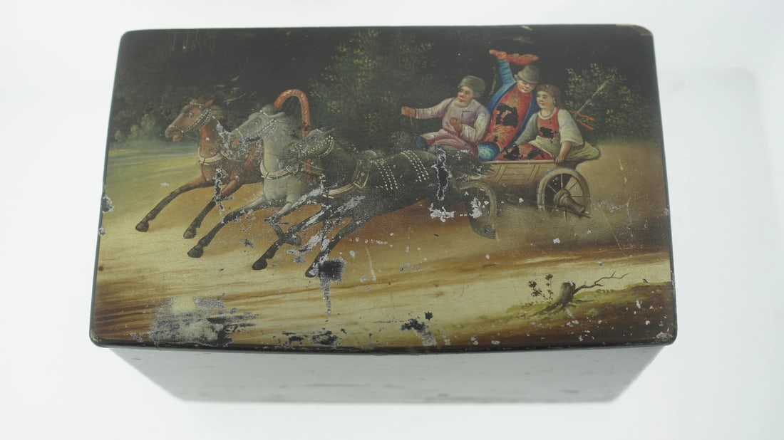 RUSSIAN LACQUER BOX THREE HORSES SLEIGH VINTAGE TROYKA HAND PAINTED UNIQUE - 2